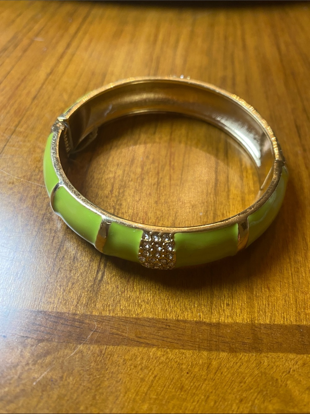 Gold-Tone Lime Green Enamel Bangle with Crystal Accent